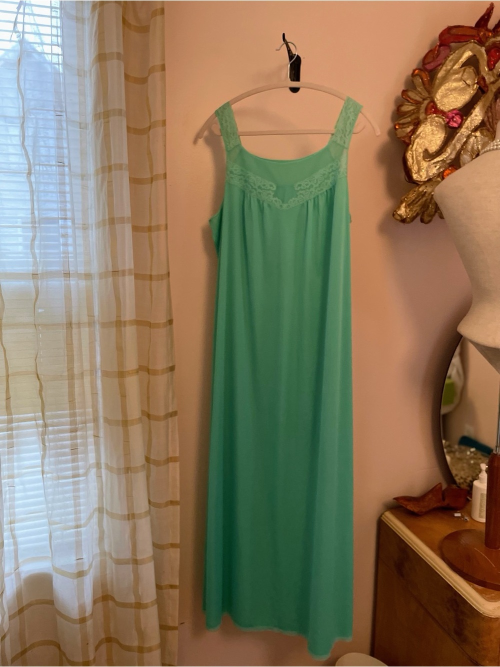 Vintage 1969s Texsheen Green Long 1960s Nylon Slip Nightgown